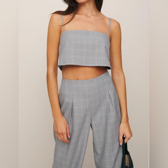 NWT Reformation “Cleo Two Piece” pants + crop top in Grey Check - Picture 2 of 10